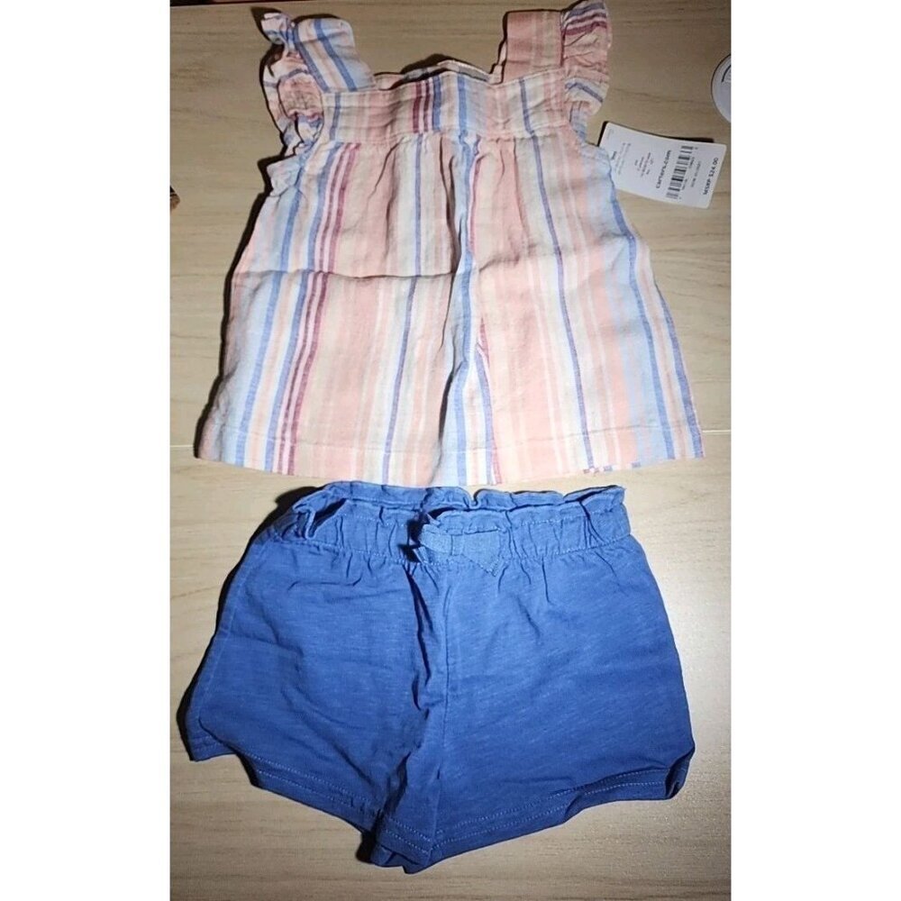 Baby Girls 9 Months Carter's Striped Linen Blend Tank & Shorts Cotton - Picture 2 of 9